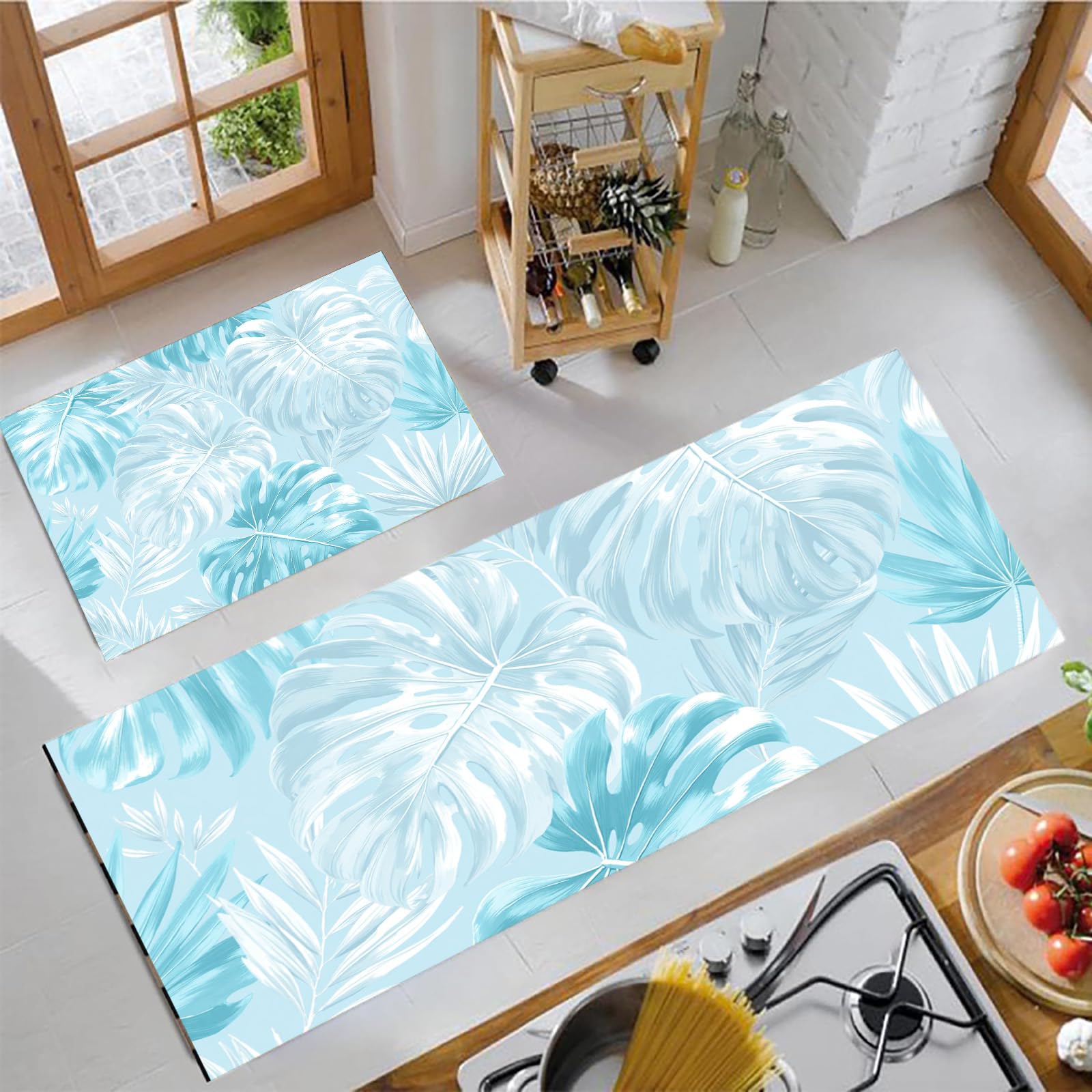 Tapis cuisine lavable antidérapant lot de 2 bleu pour couloir