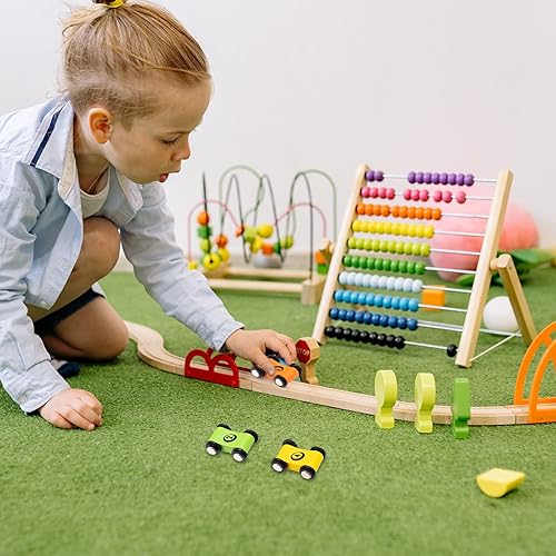 Miniatura 5 de Zhanmai 4 piezas de madera mini rampa de coche de carreras de juguete para mayores de 1 2 3 años, regalo de fiesta de carrera, rampa de madera para
