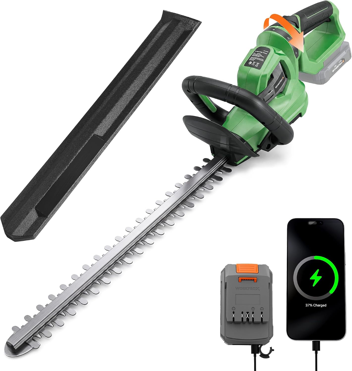WORKPROX 20V Cordless Hedge Trimmer with 180° Rotatable Handle, 18'' Dual-Action Blade & 2.0Ah Battery, 5/8" Cutting Capacity, Safety Lock, Lightweight Shrub Trimmer for Garden Yard