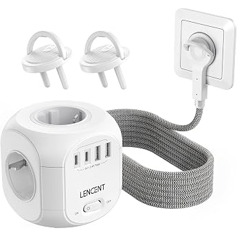 LENCENT 4-Way Socket Strip, Flat Plug, Socket Cube, 8-in-1 Power Strip, with 3 USB A and 1 USB C Port, 2-Metre Braided Cable,