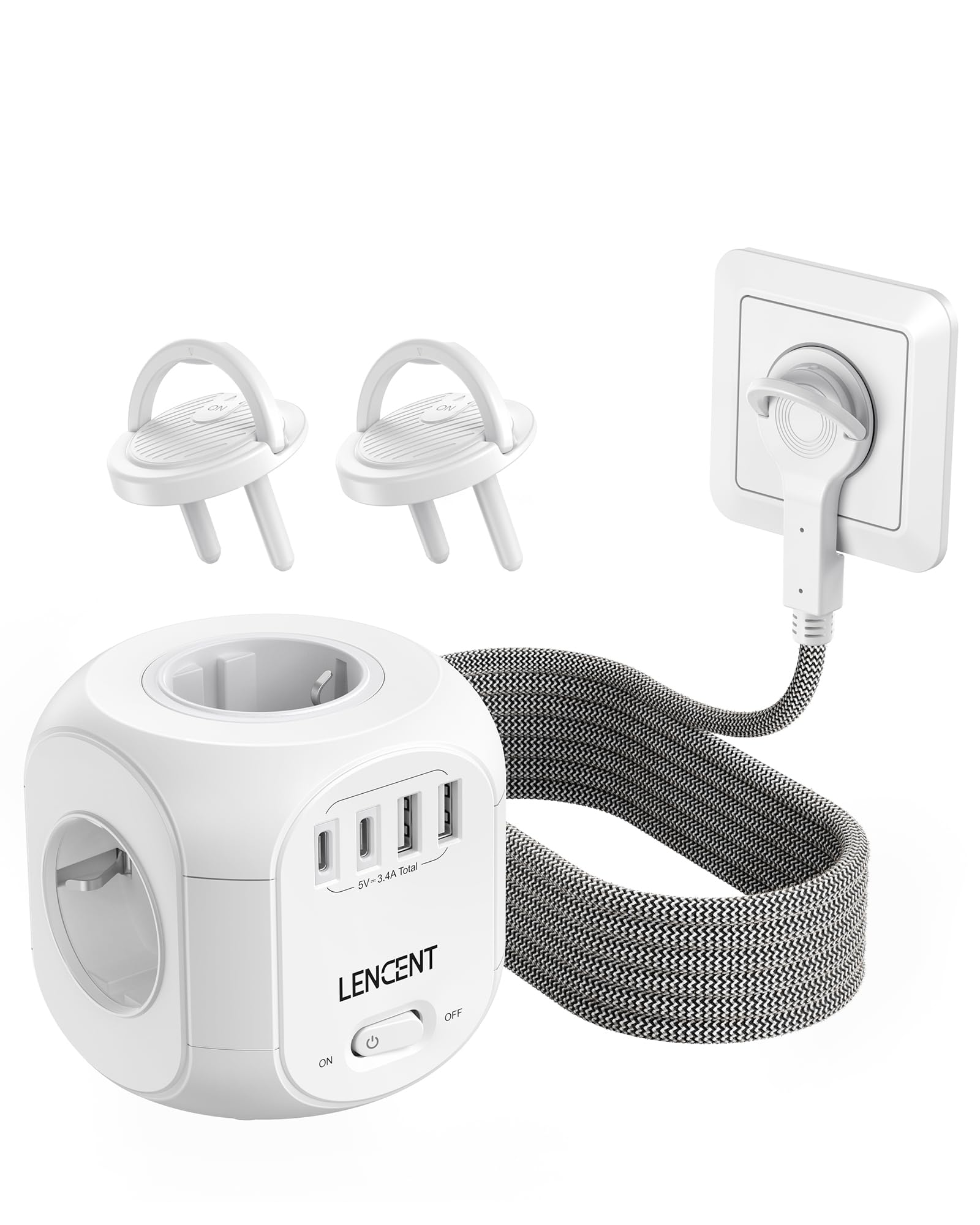 LENCENT 4 Fach Steckdosenleiste Flachstecker Steckdosenwürfel Mehrfachsteckdose 8 in 1 Cube Steckdose Steckerleiste mit 2 USB&2 Typ-C, Mehrfachstecker mit 2 Meter Geflochtenem Kabel für Wandsteckdose