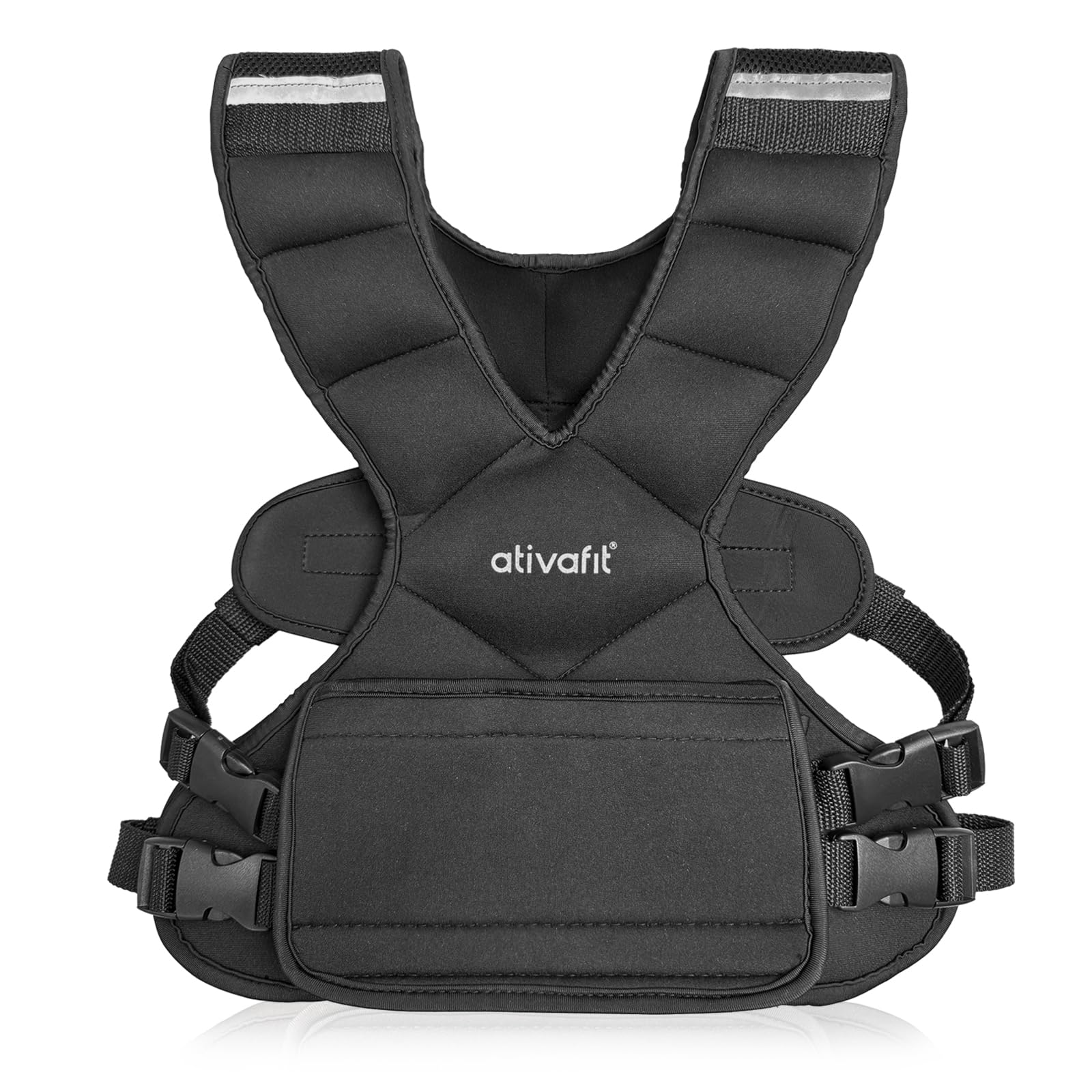 Chaleco ponderado ajustable ATIVAFIT para hombre y mujer, 4,5–7,5 kg. Peso regulable, con bolsillo, bandas reflectantes y correas ajustables. Ideal para entrenamiento, footing y cardio.