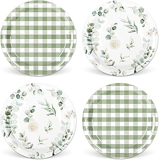Whaline 40 Pcs Sage Green Plaid Paper Plate Eucalyptus Leaves Disposable Dinner Plate Green Checkered Tableware For Spring Party Supplies Table Decor, 9 In