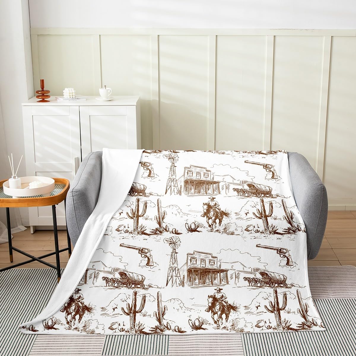 Western Cowboy Throw Blanket Twin 60x60 Wild Horse Desert Cactus Plants Fleece Blanket for Kids Teens Adults Retro Western Rustic Farmhouse Style Flannel Blanket for Chairs Couch