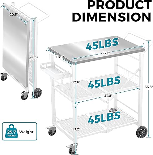 Miniatura 2 de Carrito plegable para parrilla, mesa de metal para horno de pizza con 2 ruedas de bloqueo total, carrito plegable de isla de cocina de 3 estantes,
