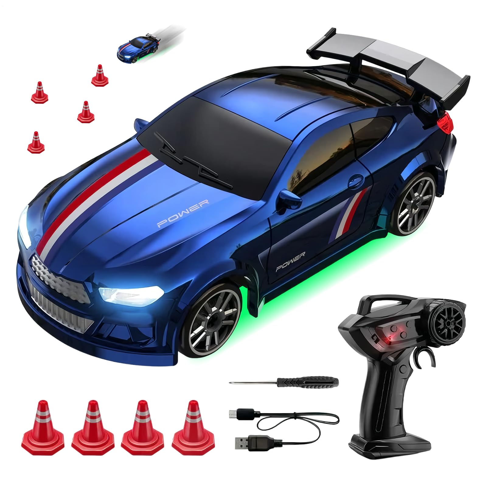 Yulokdwi RC Drift Car, 1/64 Scale 4WD Desktop Remote ControlCar With Roadblock Barrels,2.4 GHz RC DriftCar,Ergonomic Realistic Racing Auto For Teens Boys Girls