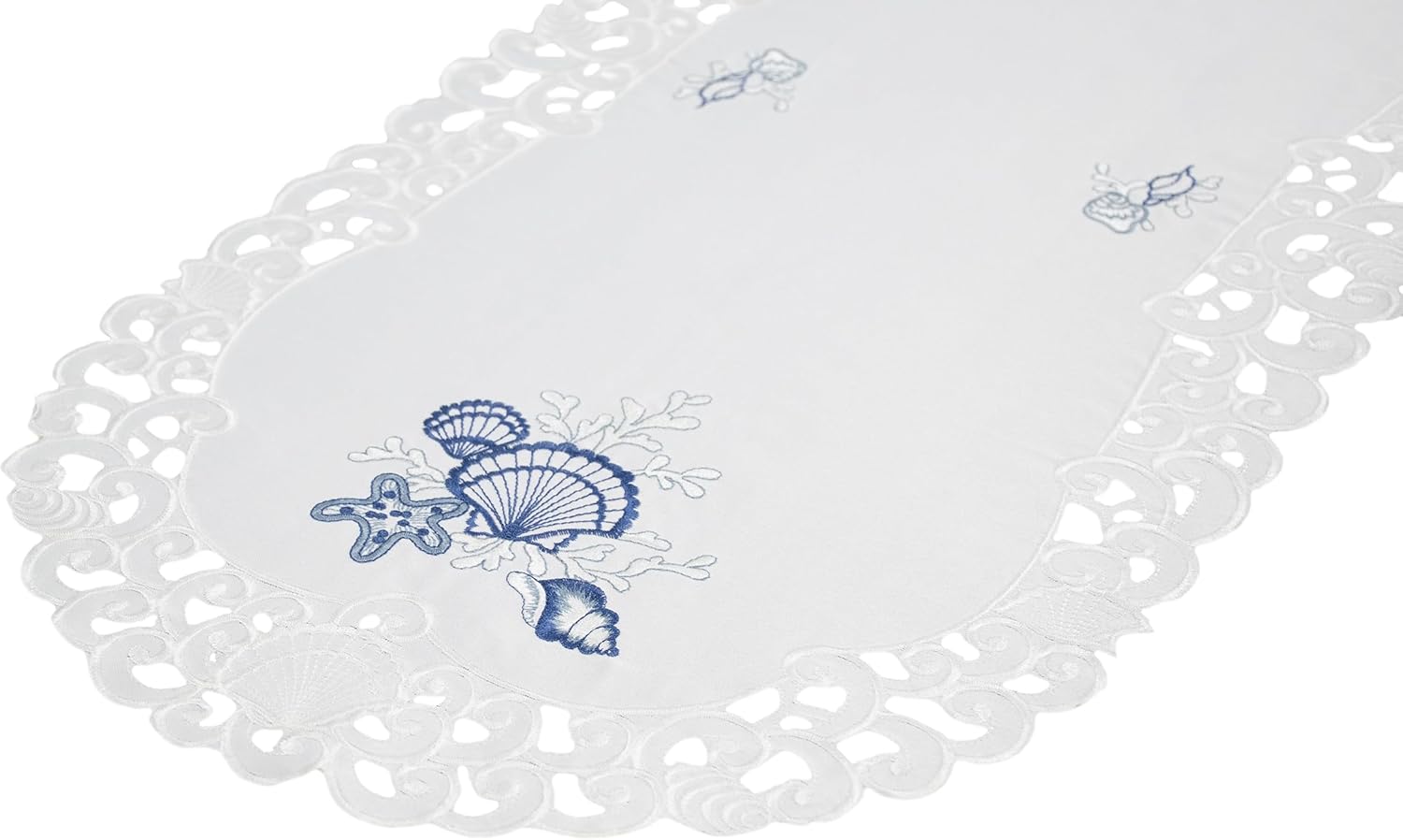 Embroidered Blue Seashell Beach on White Table Runner, Dresser Scarf, Coffee Table Runner (15Wx34L)