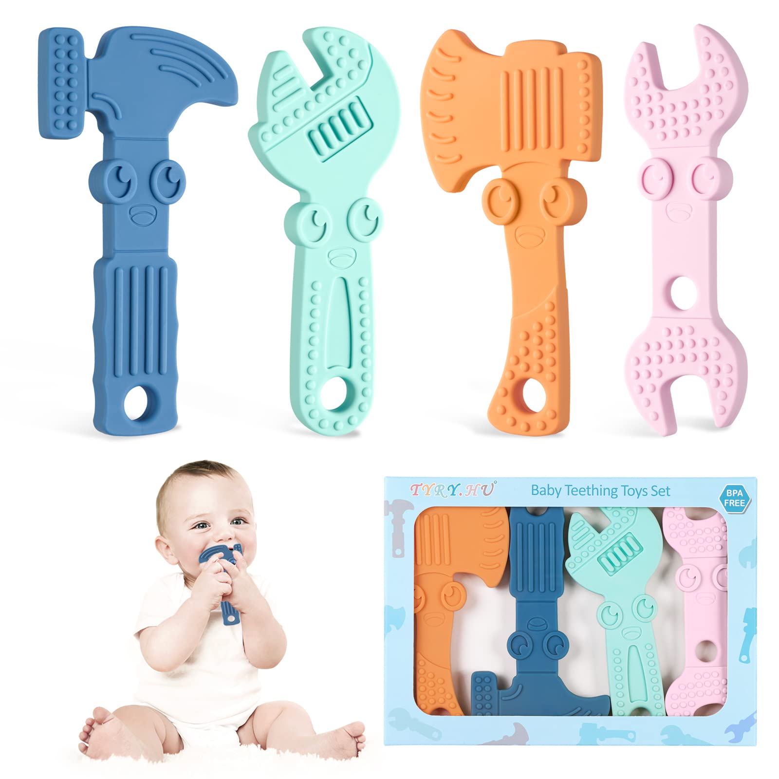 TYRY.HU Baby Teething Toys for Babies, Baby Teether Toys, BPA Free Silicone Baby Molar Teether Chew Toys, Hammer Wrench Spanner Pliers for Boys Girls,