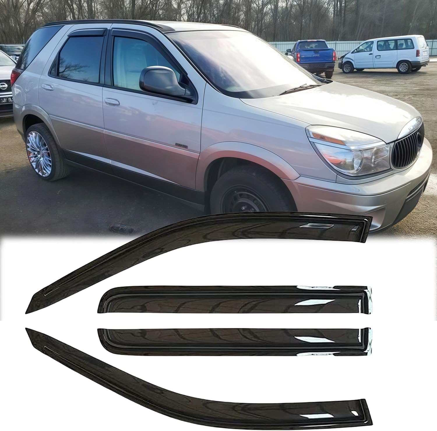 Rainproof Side Window Wind Deflectors for 2002-2007 Buick Rendezvous, Tape-on Sun Rain Guard Sets,Nice Looking Window Visors for Cars,Vent Deflector for 02-07 Buick Rendezvous 94223