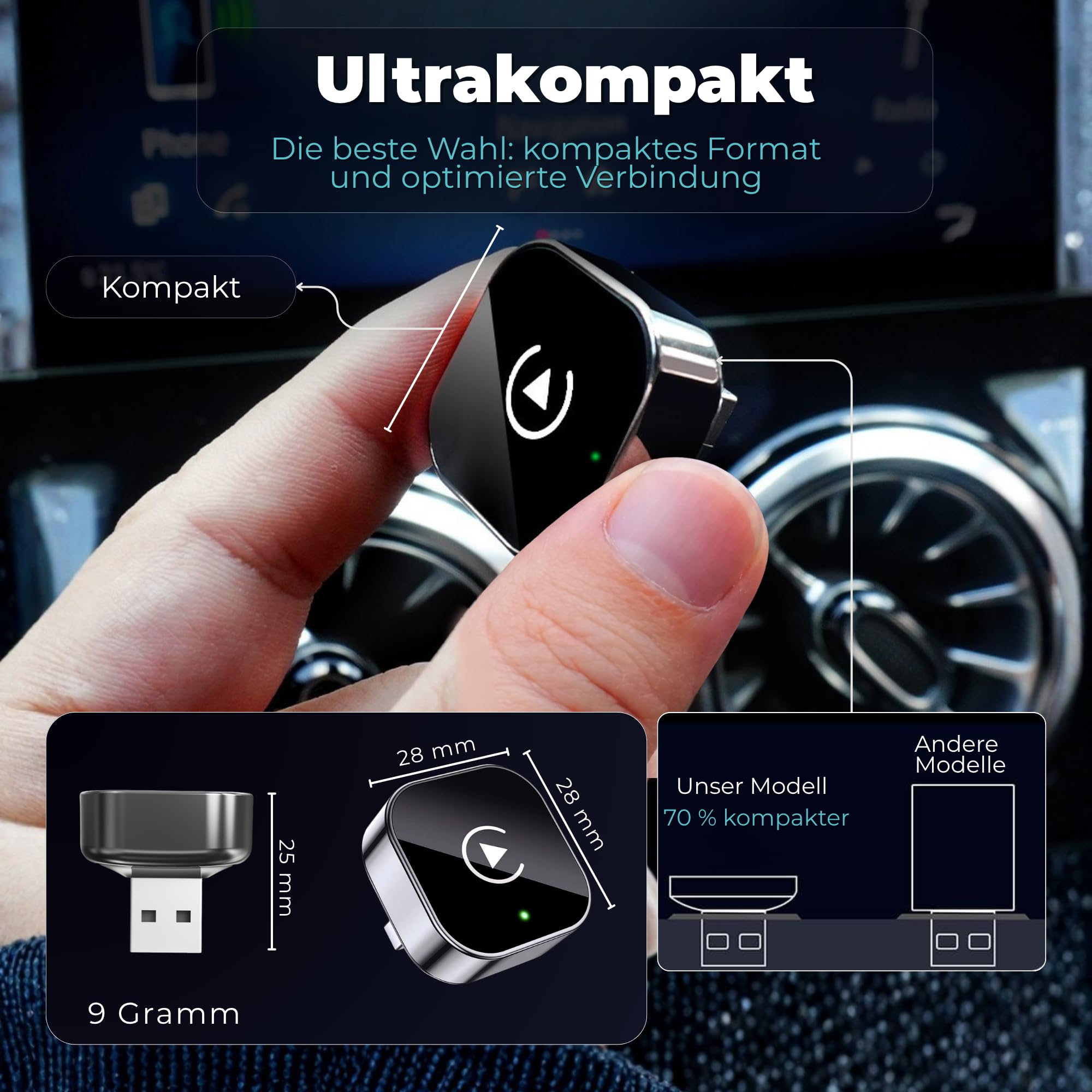 Carplay Wireless Adapter 2-in-1 Mini 2026, Android Auto Wireless Adapter, Plug & Play, schnelle Wiederverbindung ca. 3 s, USB-A/USB-C, 3 Zubehörteile für schwer erreichbare Anschlüsse