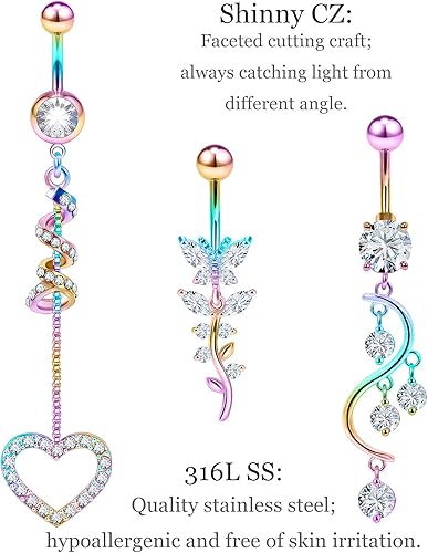 Miniatura 3 de 7PCS 14G 10mm Stainless Steel Dangle Belly Button Rings for Women Belly Piercing CZ Inlaid