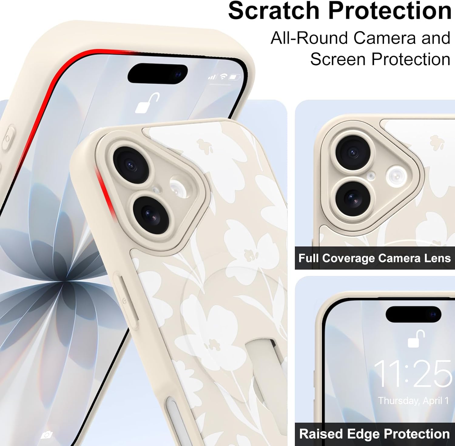Magnetic Case for iPhone 17 with Finger Hand Strap Kickstand [Compatible with Magsafe] Cute Aesthetic Floral Flower for Women Men, Full Camera Protection Shockproof Cover, White