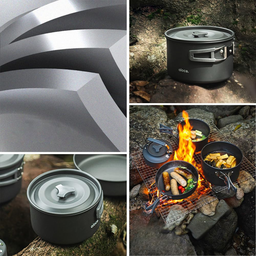 Camping Topf, Aluminiumlegierung Camping Kochtopf, Camping kochgeschirr 1L/1.7L/3L (optional), Outdoor Geschir Set mit Deckel und faltbarem Griff, für Camping Picknick Wandern