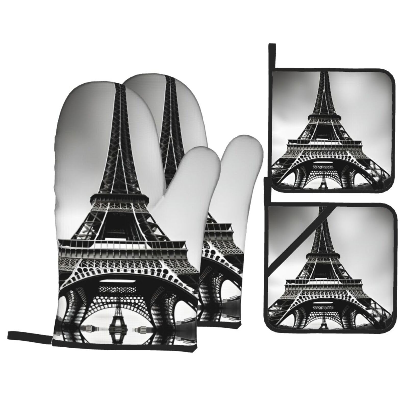 Black Paris Eiffel Tower Print Stylish 4-Piece Microwaving Oven Waterproof Kitchen Gloves Baking Holiday Cooking