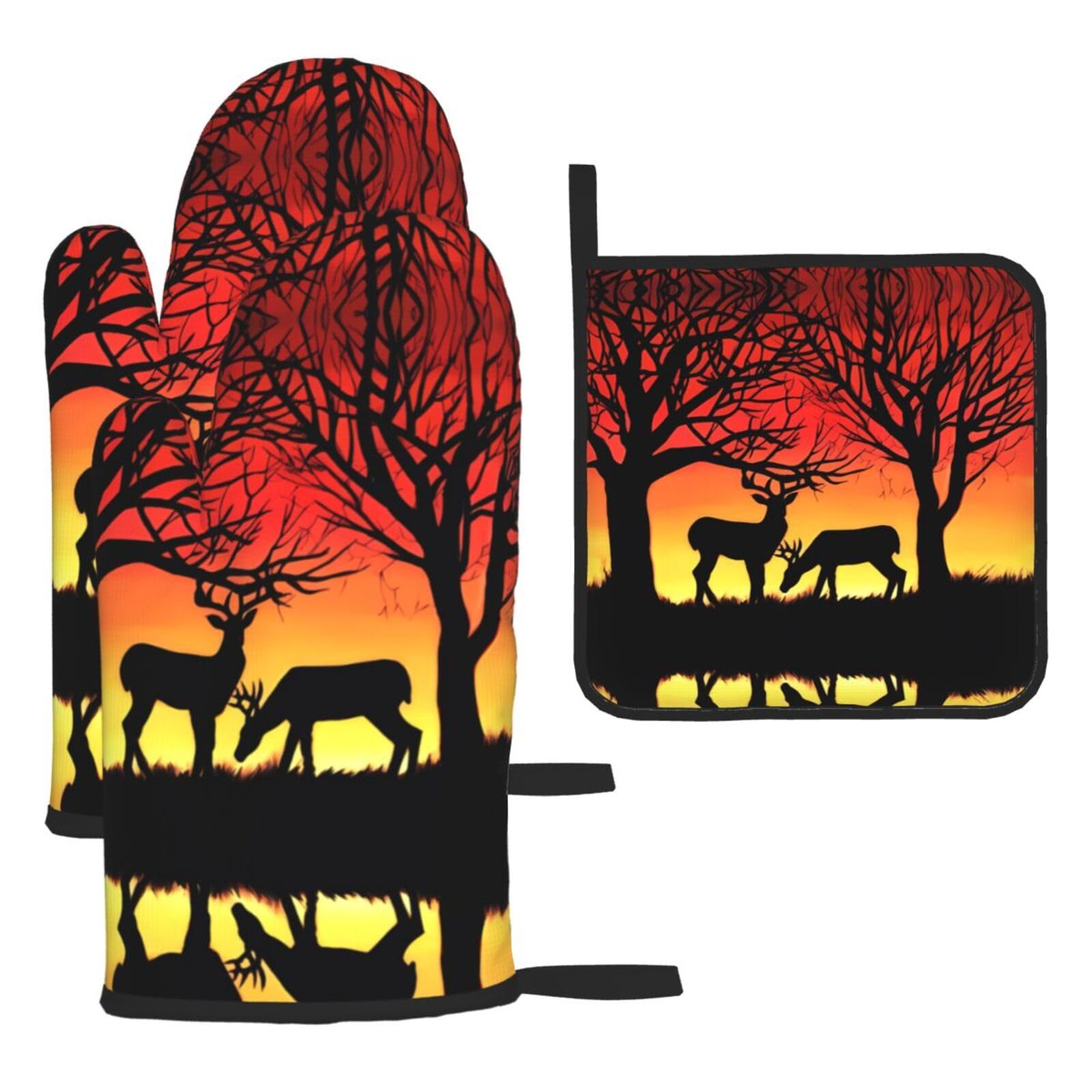 Winter Nature Deer Printed Oven Mitt Set 3-Piece | Heat Resistant Gloves & Pot Holder Mat for Cooking, Baking & BBQ