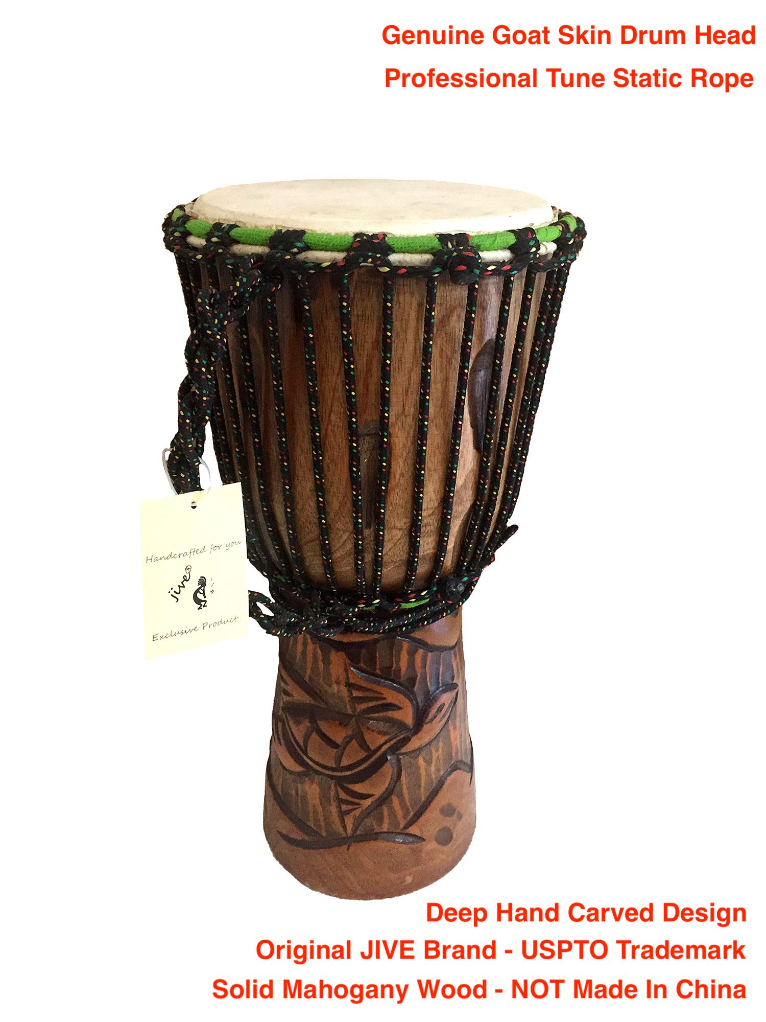 JIVE Djembe Drum African Bongo Congo Wood Drum Deep Carved Solid Mahogany Goat Skin Professional Quality 16" High (Turtle)