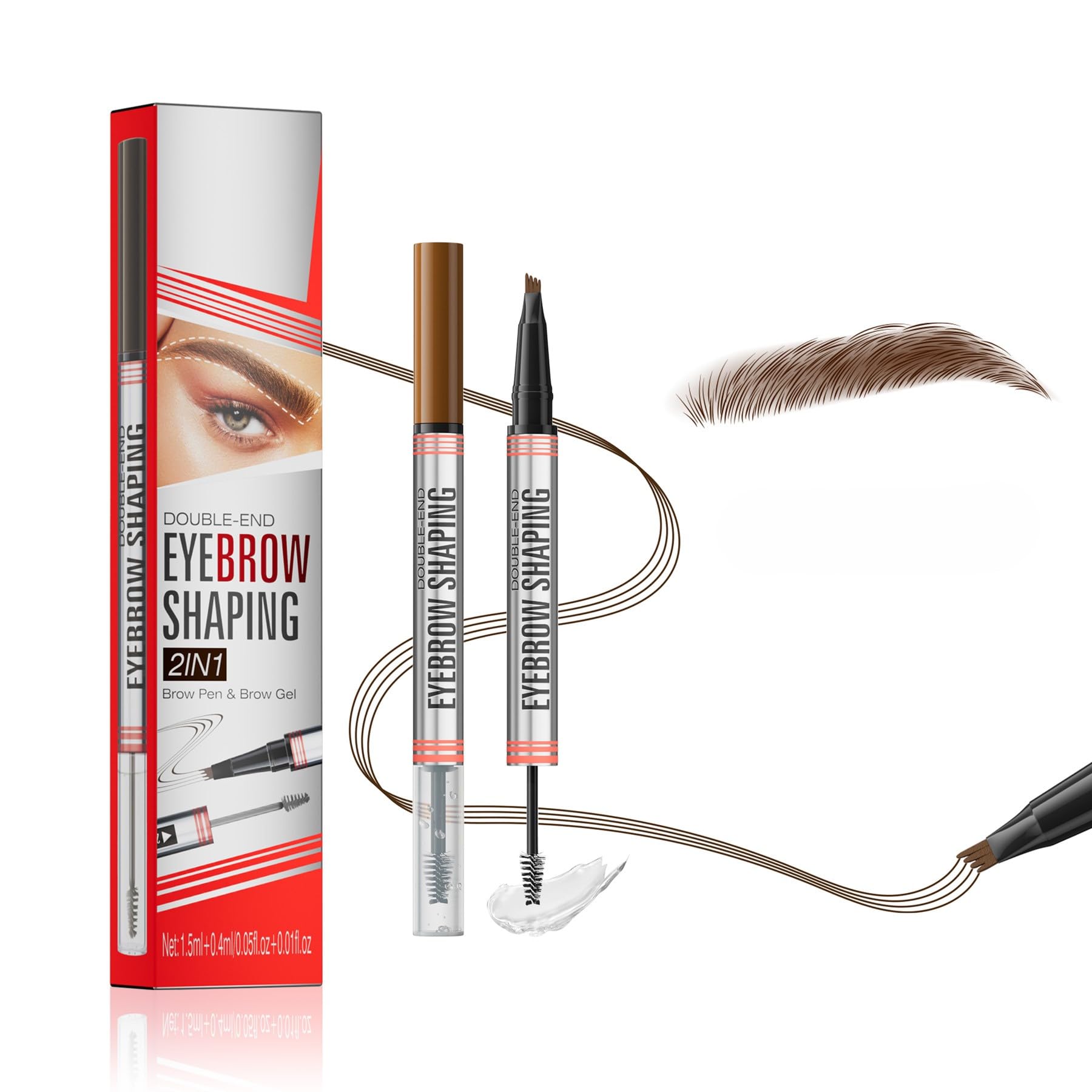4D Microblading Brow Pen for Women & Grils, Curved Design Eyebrow Pencil with Dual-Brow Gel Clear Para Cejas & 4-Prong Applicator, Natural Hair-Like Strokes, Smudge-Proof, All-Day Wear(Light Brown)
