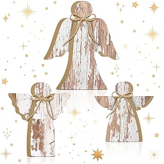 3 Pcs Rustic Angel Table Decor Indoor, Christmas Winter Wooden Standing Decorations Rustic Farmhouse Angel Figurine Tiered Tray Tabletop Centerpieces for Home Kitchen Fireplace Holiday Party