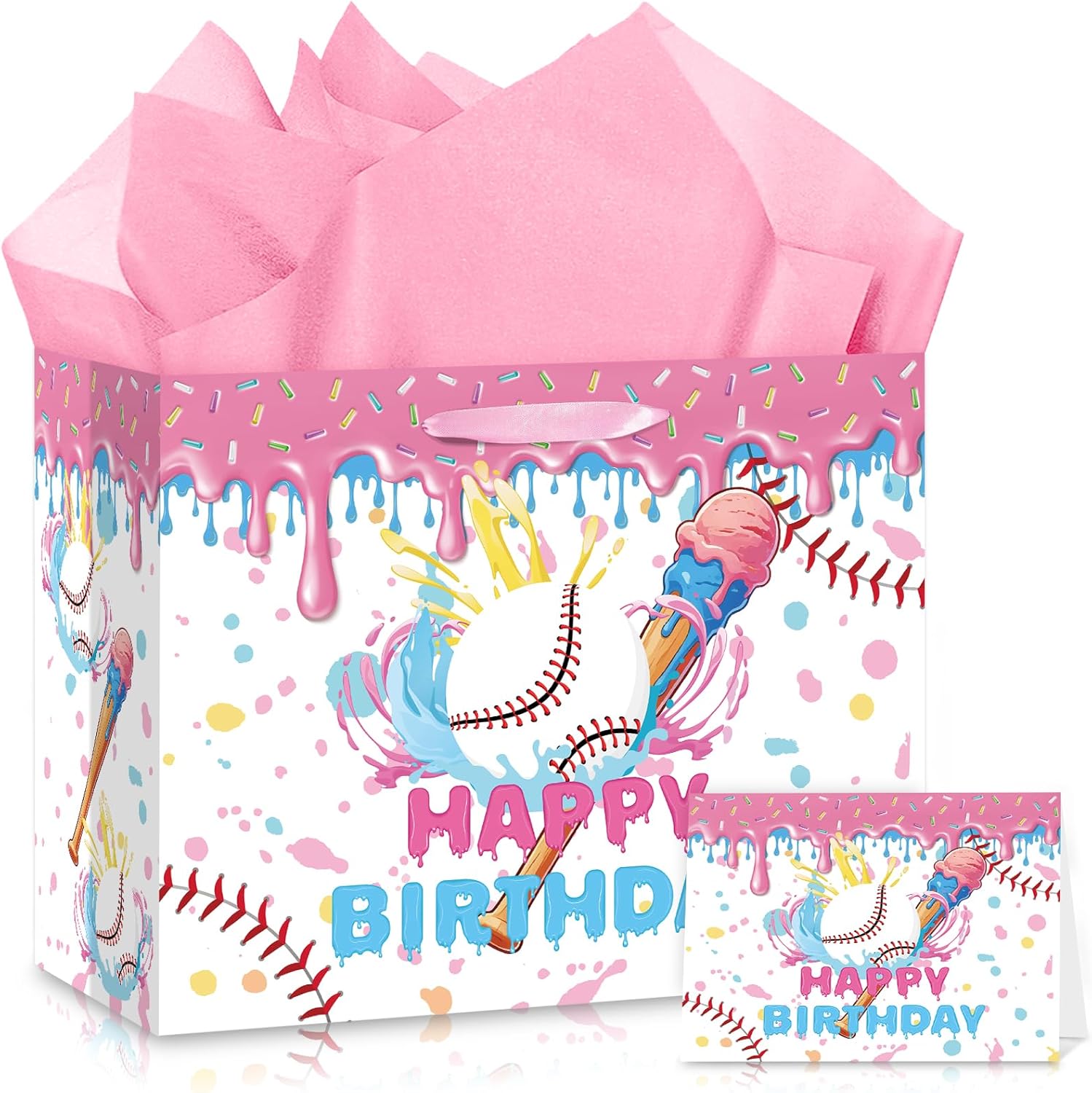 Baseball Drip Gift Bag Large Softball Ice Cream Birthday Gift Bag with Tissue Paper Greeting Card Pink Ice Cream Sport Themed Goodie Bags for Girls Women Kids Baseball Softball Themed Party Supplies