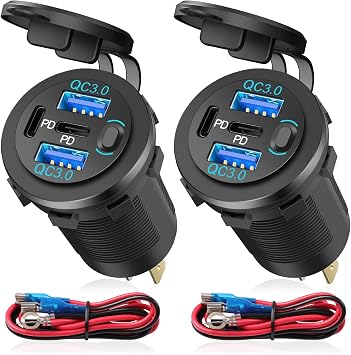 4-Port 12V USB Car Outlet 2Pcs Waterproof 78W Dual PD3.0 & QC3.0 Charger Socket with On/Off Switch for Car,Marine, Boat, Motorcycle, Golf Cart & RV