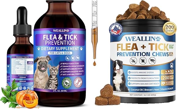 WEALLIN Flea and Tick Prevention Support Drop for Dogs & Cats + 200 Chews for Dogs | Pets Oral Natural Supplement Flea and Tick Treatment for All Breeds and Ages