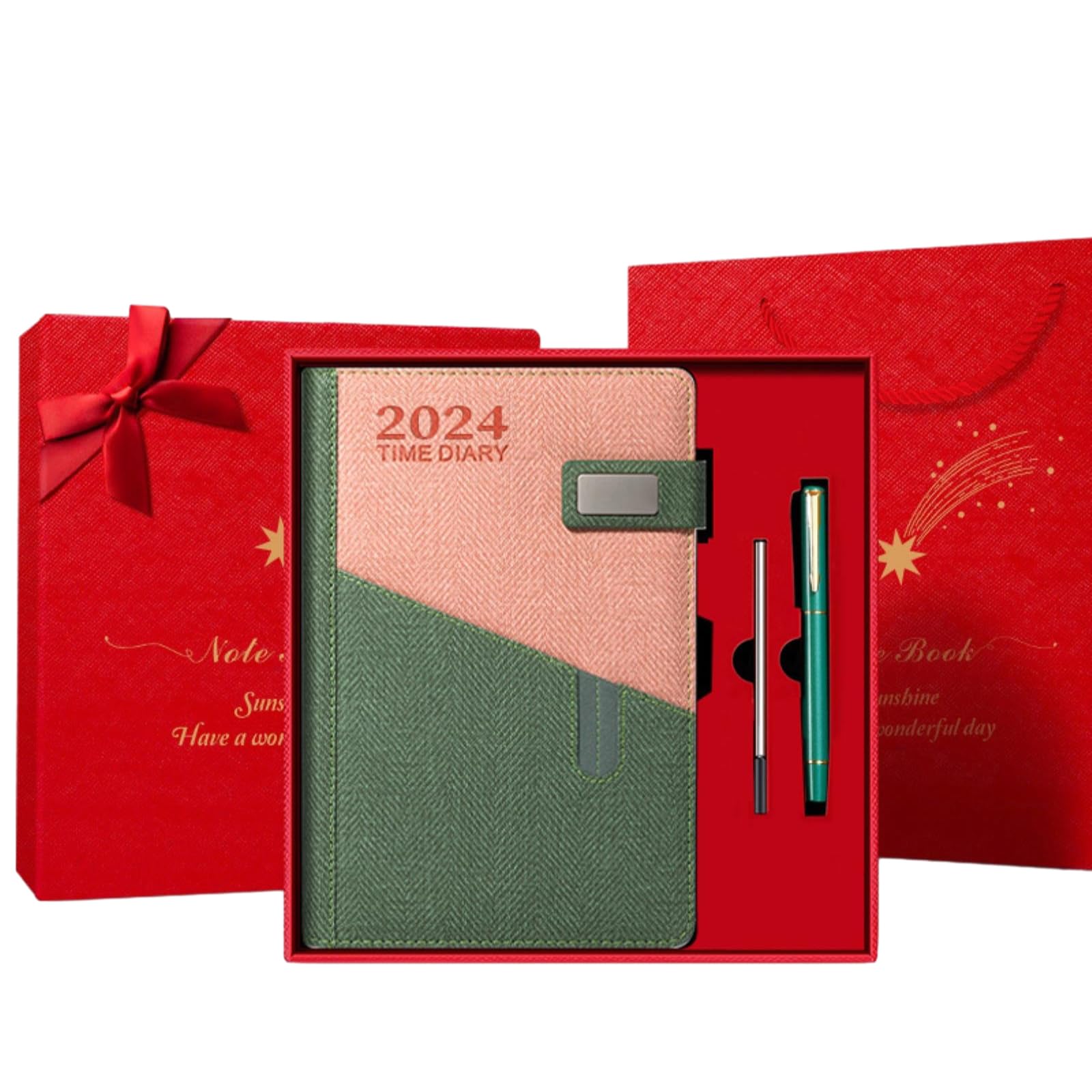 Bloc-notes épais A5 - Coffret cadeau - Pour le bureau et le travail - Vert fraise (coffret cadeau rouge)
