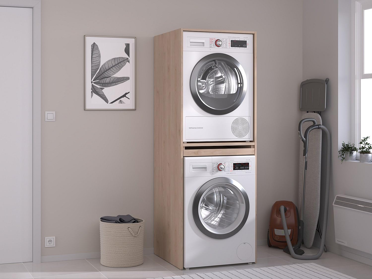 Vente-unique - Mueble para Lavadora Erkano - L 64.2cm x A 64.9cm x H 184.4cm - melamina - Color Natural Claro