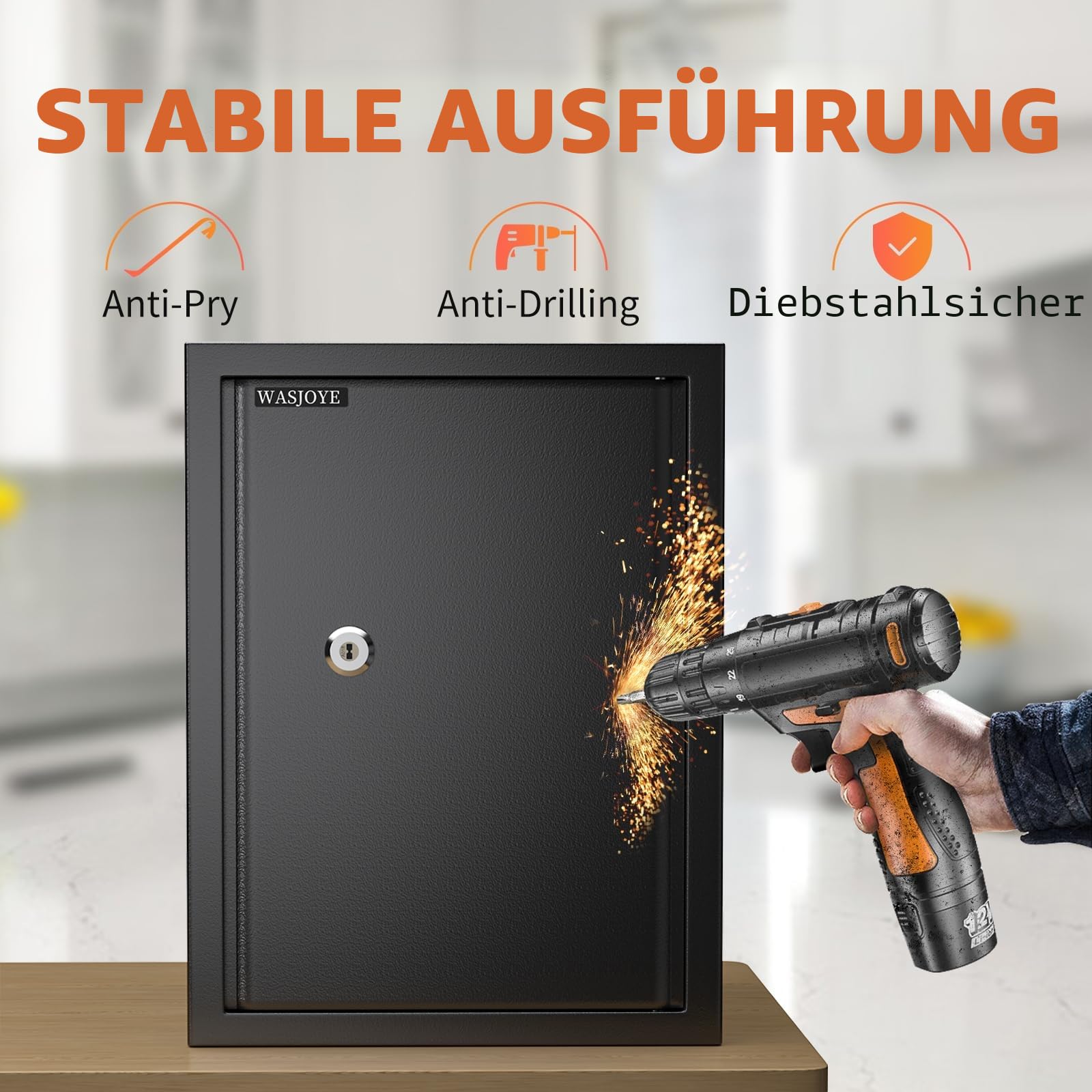 Safe Tresor mit Schlüssel, WASJOYE Möbeltresor mit Schlüssel-Schloss für Zuhause/Büro, 49L Groß Wandtresor mit 2 Schlüssels für Geld Schmuck Medikamente und Dokumentieren, (45 * 35 * 31cm)