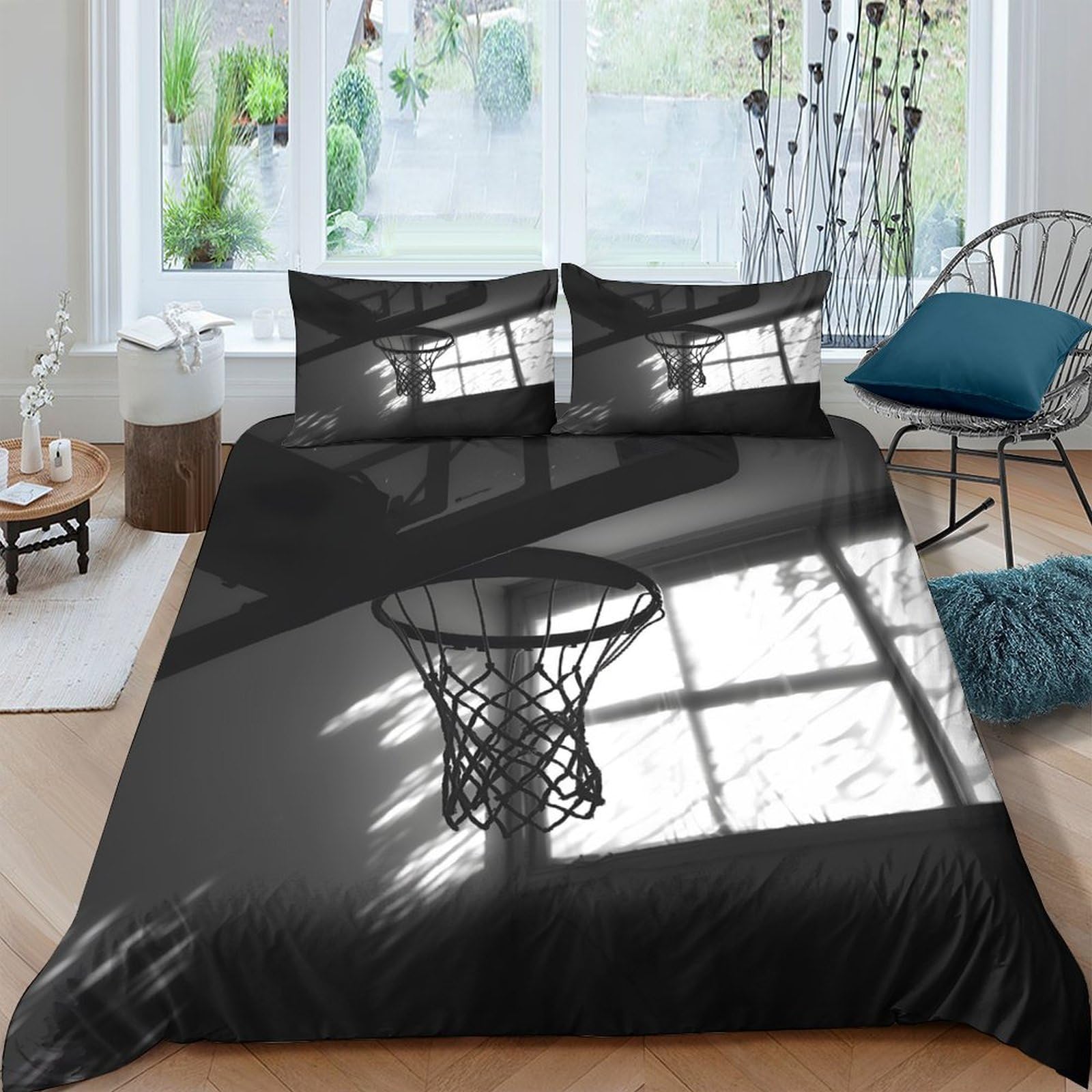 Ctjqhvkz Style-7 3D Printed Basketball Court Fitted Sheet Microfiber Black White Sports Hoop Bed Cover For Bedroom Guestroom Home Decor Single（135X200cm）