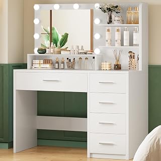 Quimoo Makeup Vanity Desk with LED Lights & Mirror, 5 Drawers & Storage Shelves, White Dressing Table, 3 Color Modes, Adjustable Brightness