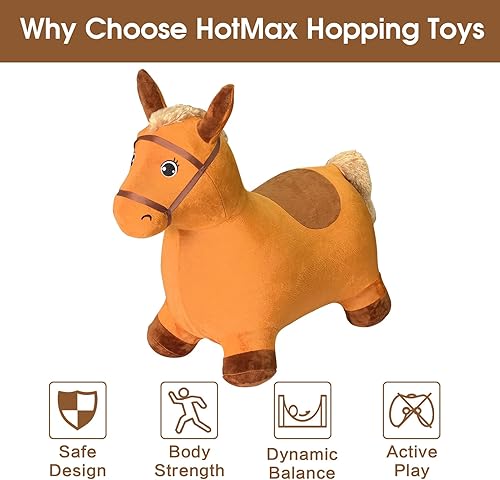 Vista 3 de HotMax Caballo saltador marrón, caballo inflable extraíble de felpa para niños pequeños, paseo al aire libre en animales de granja hinchables