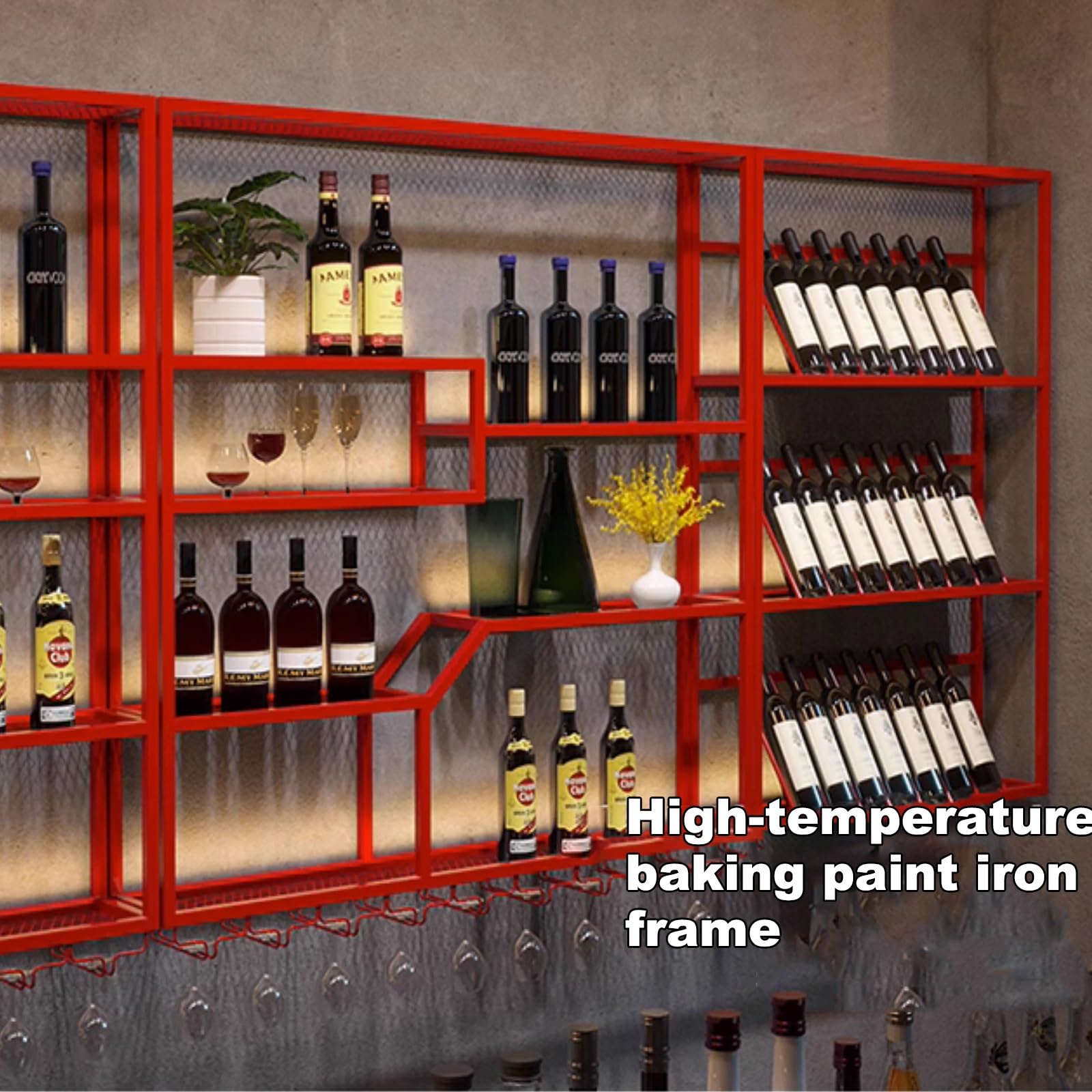 Botellero Pared Vino Botellero de Hierro, Botellero Creativo con Luz, Wine Rack Metal con Luz Led y Estante de Cristal, para Sala de Estar, Bodega (Rojo)