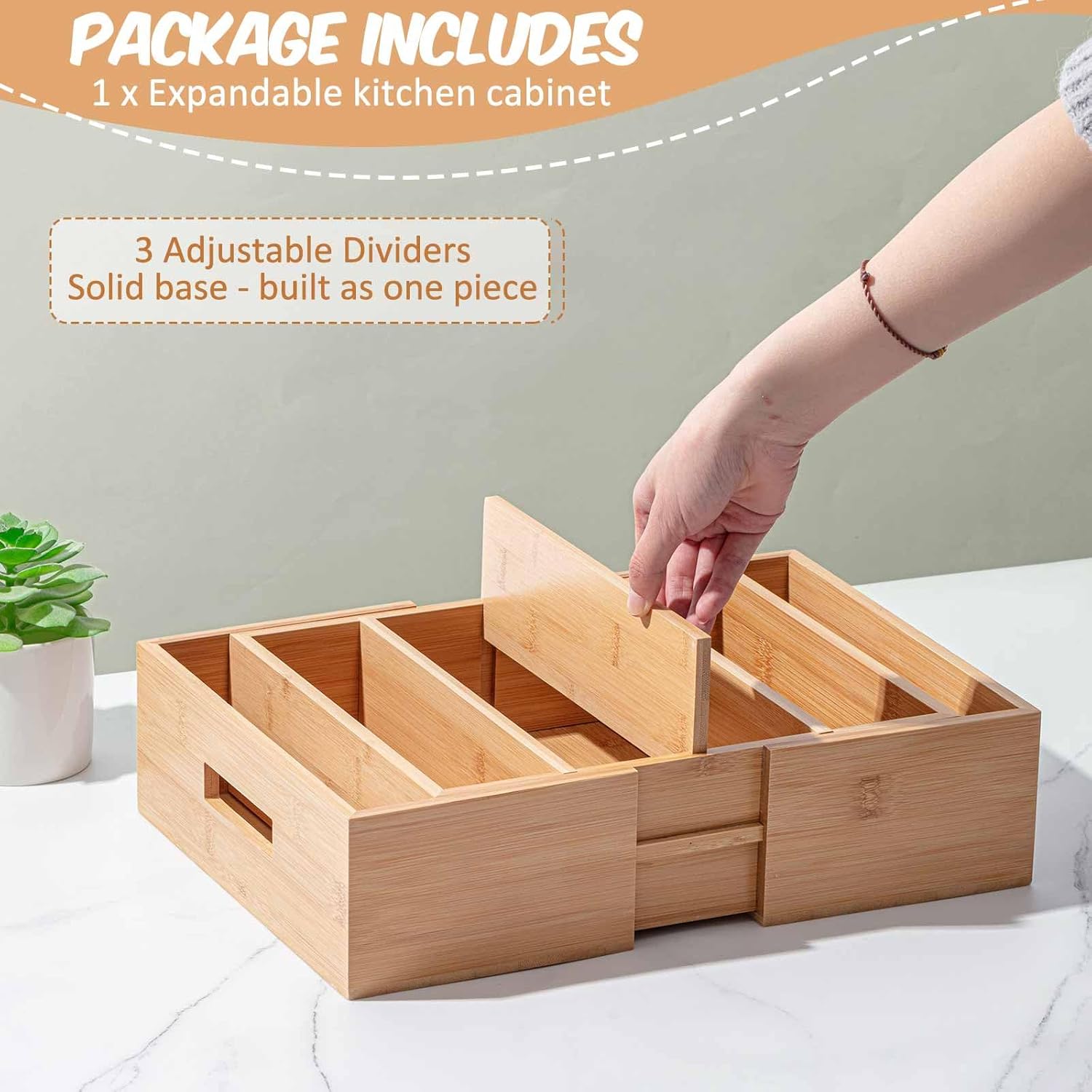 Juexica 11.8"-18.7" Expandable Bamboo Lid Organizer for Cabinet Adjustable Kitchen Cabinet Organizer Drawer Kitchen Organization with Dividers for Food Container Pantry Storage, Natural