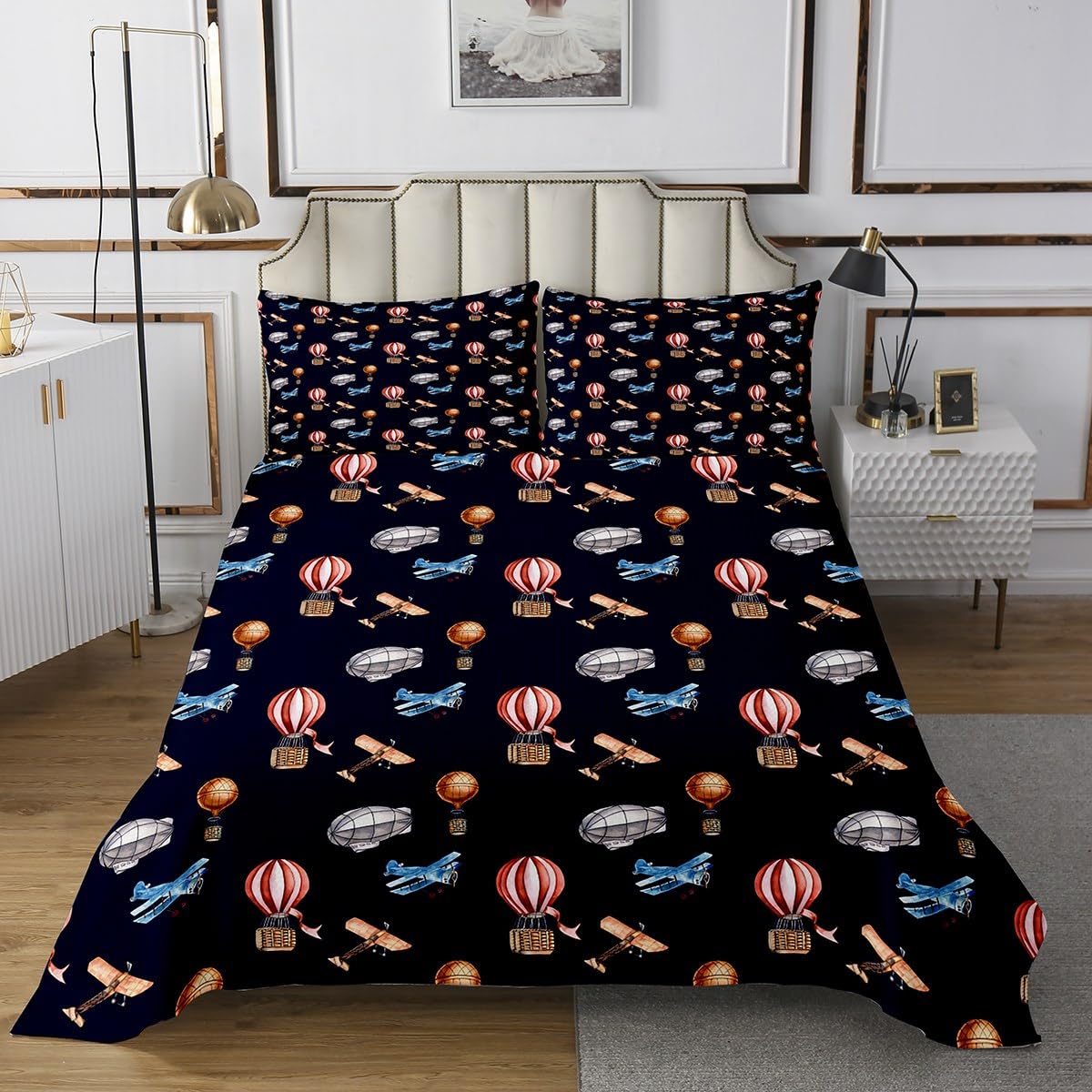 Erosebridal Watercolor Aircraft Bedspread King Size Flying Airplane Quilt Set, Red Hot-Air Balloon Coverlet Set Blue Brown Plane Bedding Set, Kids Boys Girls Cartoon Bed Cover