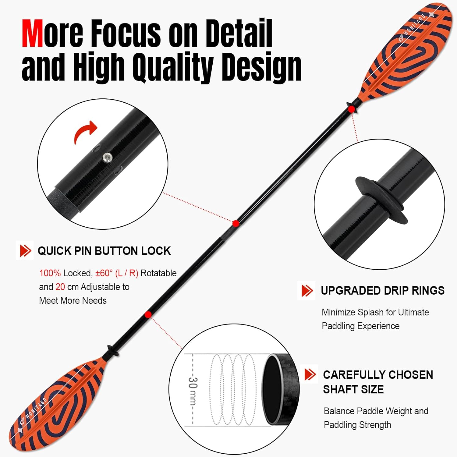 Kayak Paddles with Fiberglass Shaft and Reinforced PP Blade, Floating Adjustable Kayaking Oars, 3 Piece, 220-240 cm/86-94 Inches, 240-260 cm/94-102 Inches