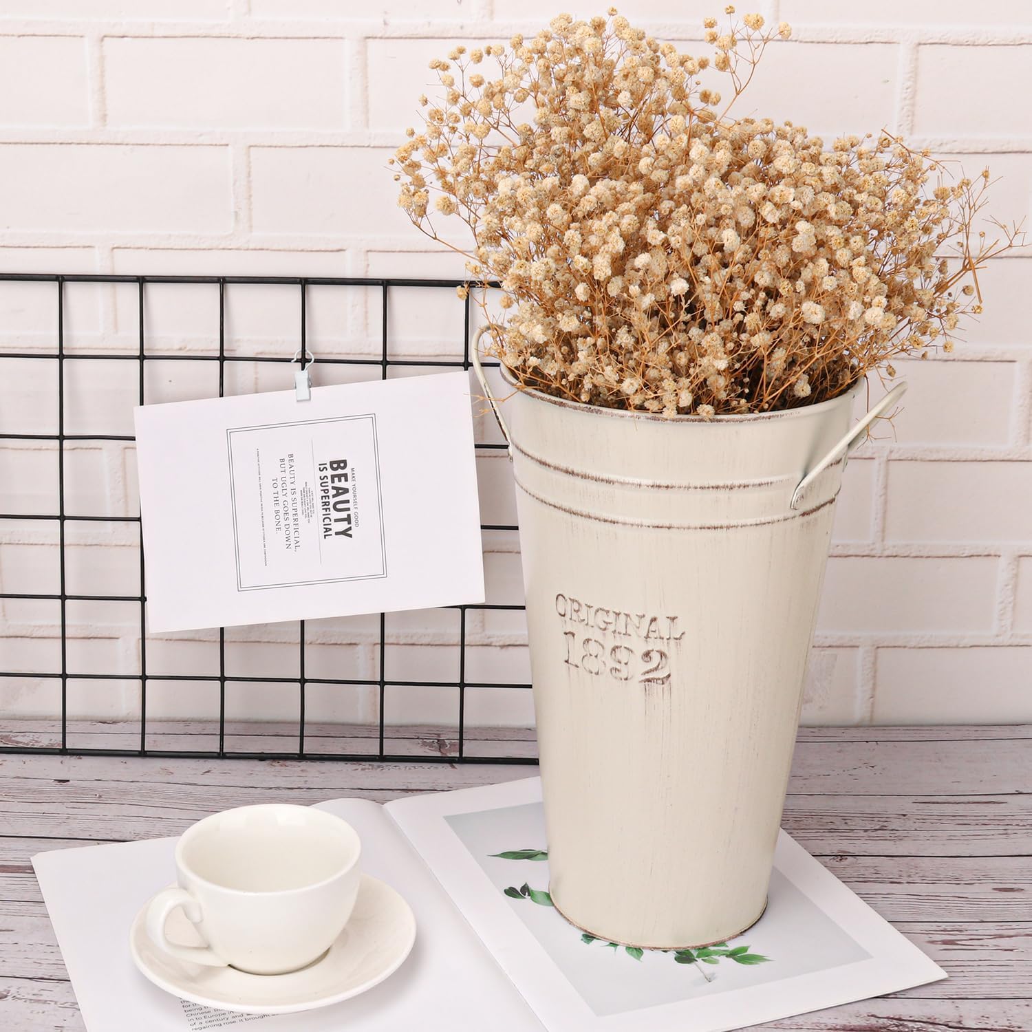 4-Pack 12 Inch Vintage Rustic Galvanized Metal French Bucket Vases for Centerpiece and Home Decor, Weddings