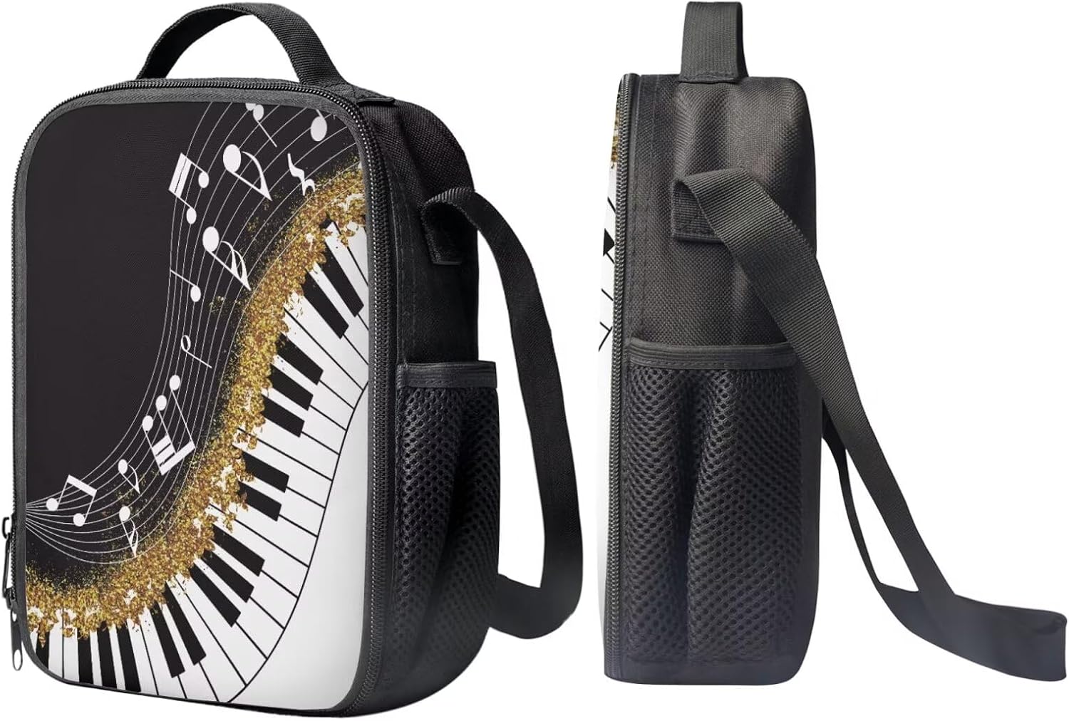 Cute Black School Backpack with Lunch Box for Girls Large Capacity Lightweight Custom Piano Key Music Note Backpack Set Aesthetic Kids Comfy Padded Adjustable Book Bag Lunch Bag Pencil Case 3 in 1