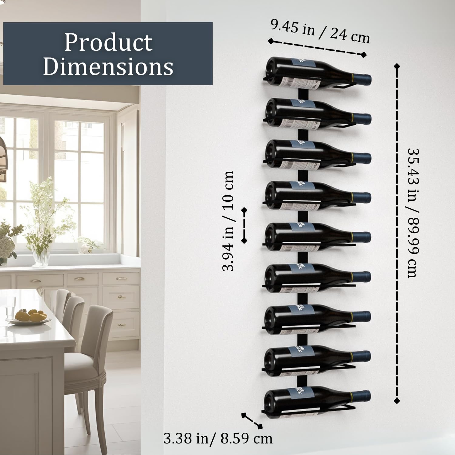 9-Bottle Black Metal Wall Mounted Wine Rack – Modern Industrial Wine Bottle Storage Organizer for Home Bar, Kitchen, Dining Area & Wine Cellar