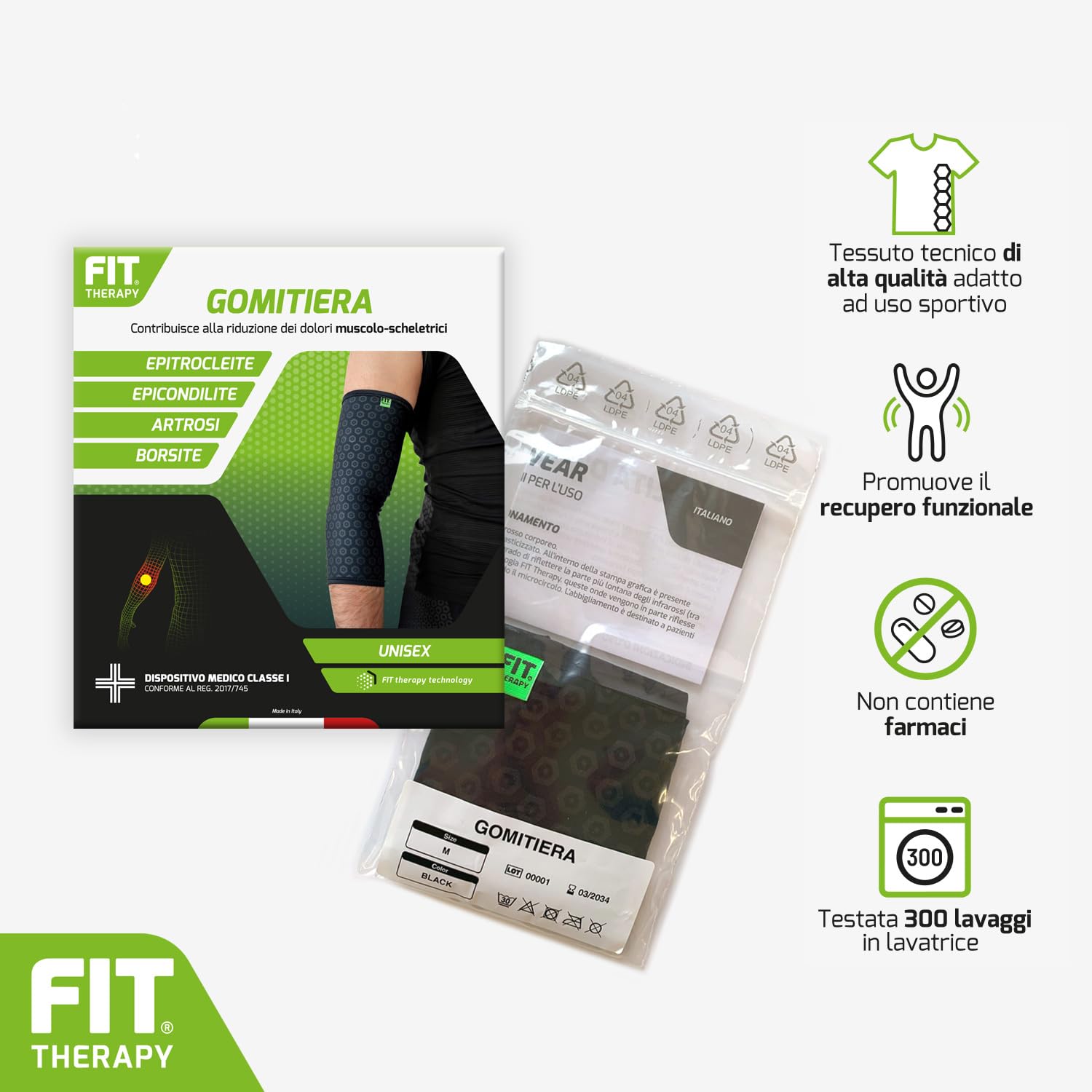 FIT THERAPY – Gomitiera per Epicondilite – Dispositivo Medico per Dolori Muscolari e Articolari Gomito, Epitrocleite, Borsite, Artrosi – Senza farmaci, traspirante, lavabile fino a 300 volte