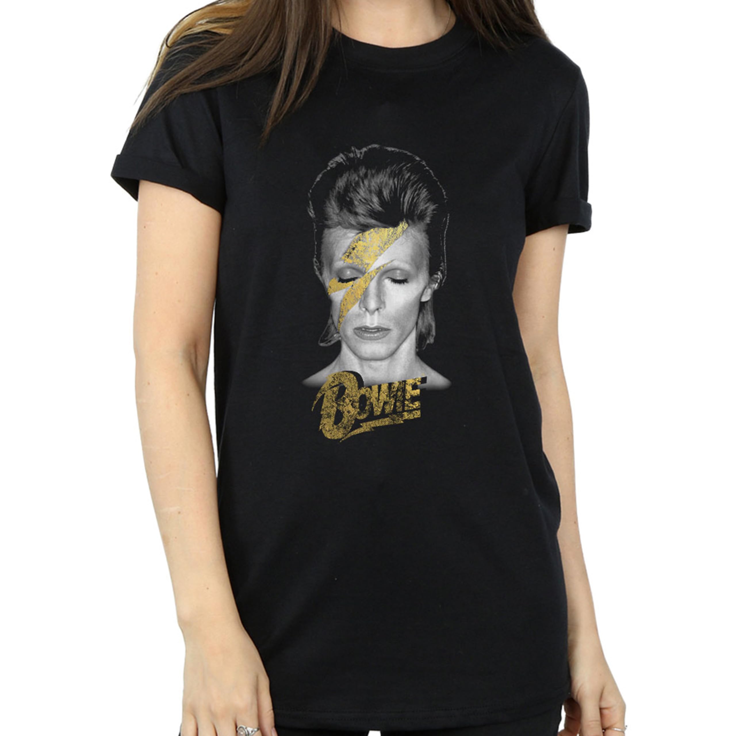 Absolute Cult Women's Black David Bowie Aladdin Sane Gold Bolt Boyfriend Fit T-Shirt XXX-Large