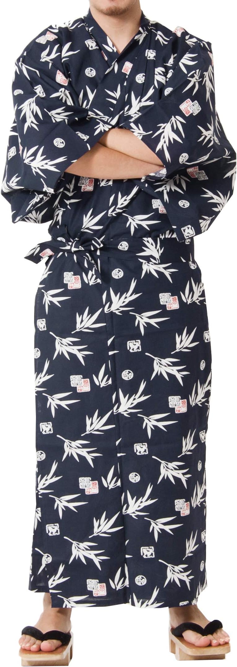 Dita Tokyoin Traditional Made In Japan Cotton Yukata Robe (Pajama Kimono) Easy Wearing Obi Yukata set2 (42 Small, Navy & Leaf)