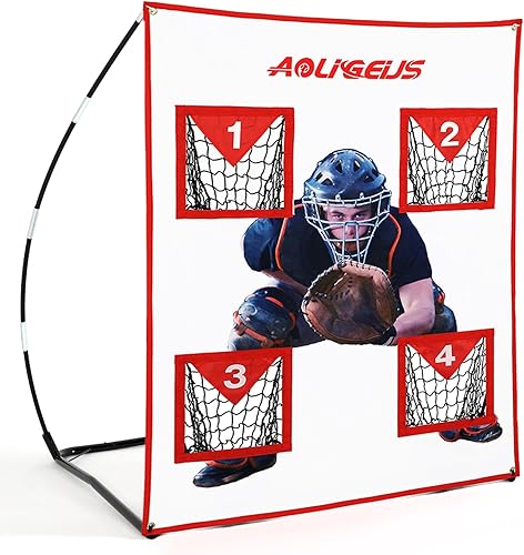 Red de lanzamiento de béisbol y sóftbol, 4 bolsillos para béisbol y sóftbol, zona de golpe de golpeo, con receptor realista para entrenamiento de