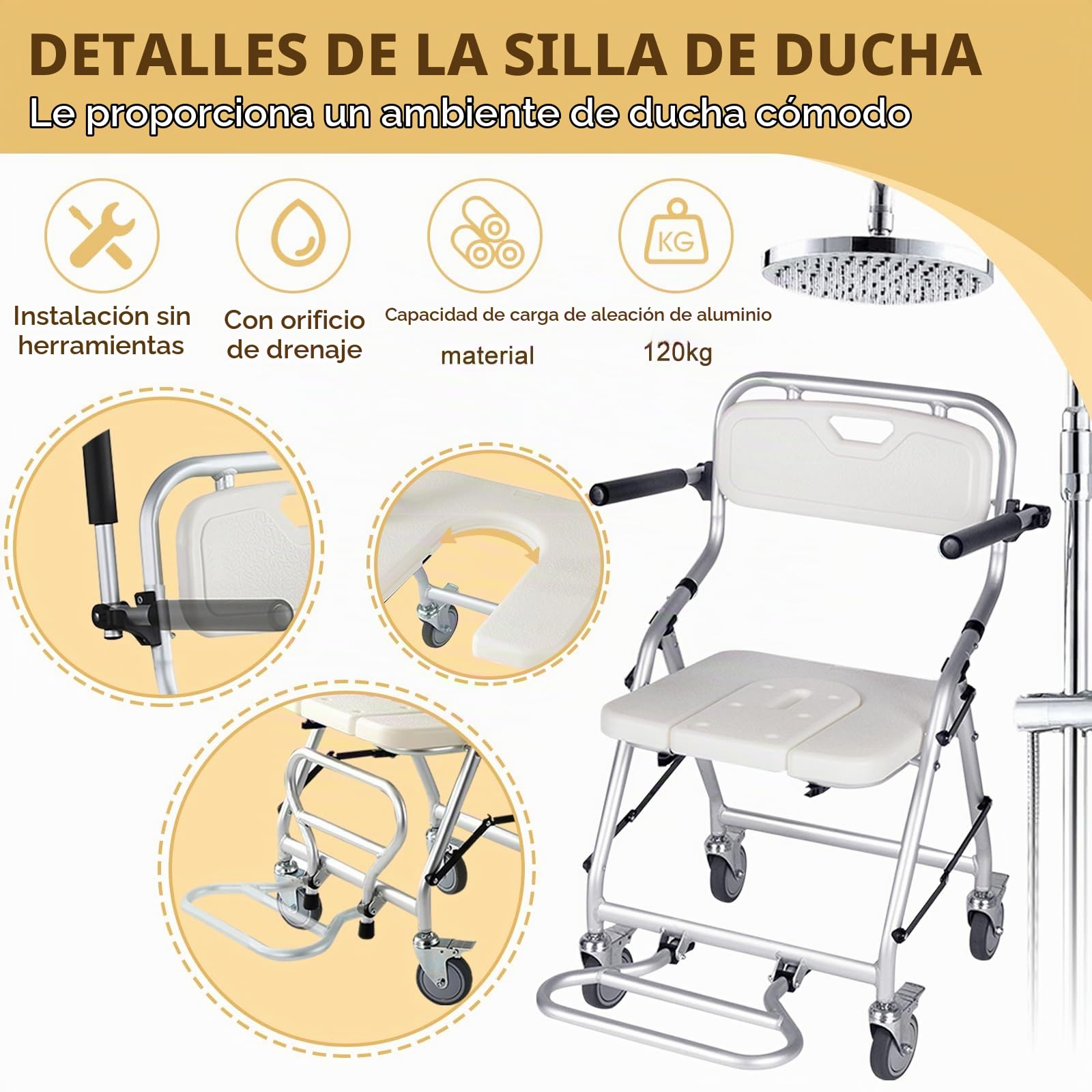 Silla de Ducha con Ruedas para Personas Mayores, Silla Plegable Ducha con Reposabrazos Reversibles, Silla con Ruedas para Ducha, Silla Baño Ancianos Ducha, Capacidad de Carga 120kg