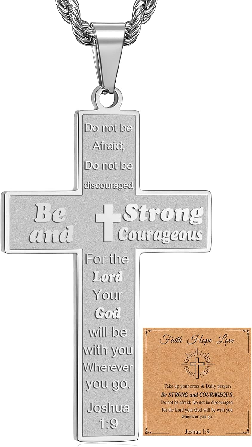 Bible Verse Cross Necklace for Men, Pendant Rope Chain for Baptism, Confirmation, First Holy Communion, Christening - Christian Gift for Father's Day