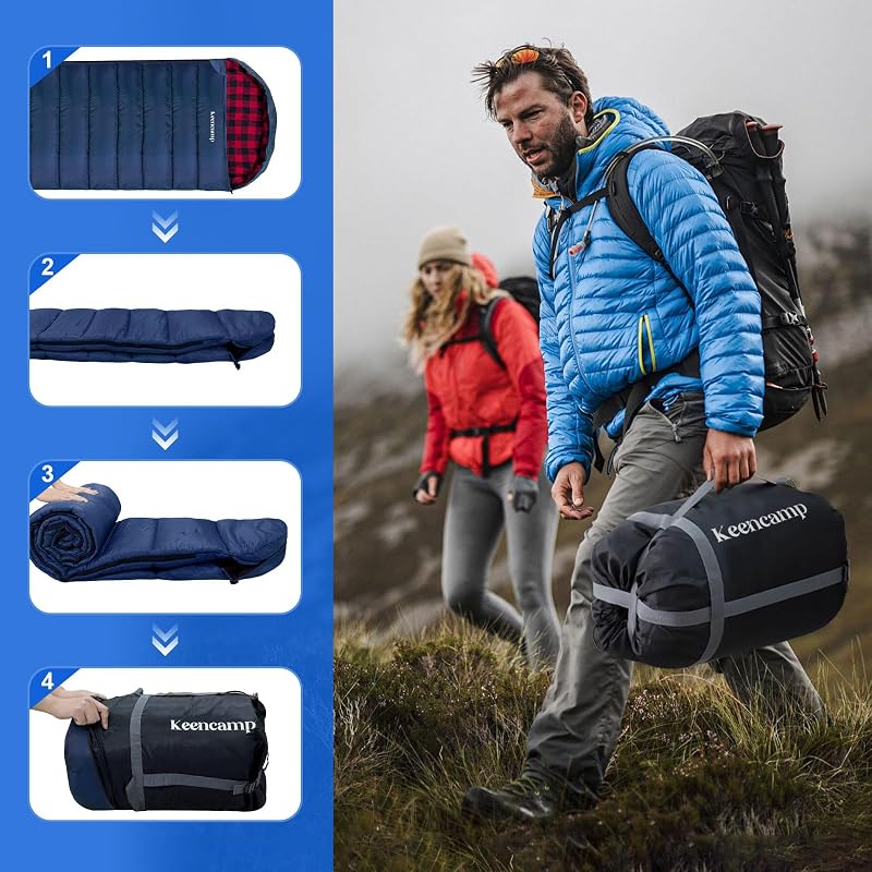 Keencamp XXL Téli Hálózsák 4 Évszakos Használatra - Flanell Béléssel, Pamut Töltettel, -1°C-ig, Kempingezéshez, 230x90 cm, Tengerészkék - Navy-L-Zip