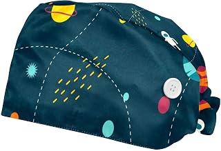 2 Pieces Working Hat with Buttons Adjustable Sweatband Bouffant Hats Unisex Tie Back Hats Outer Space Planets