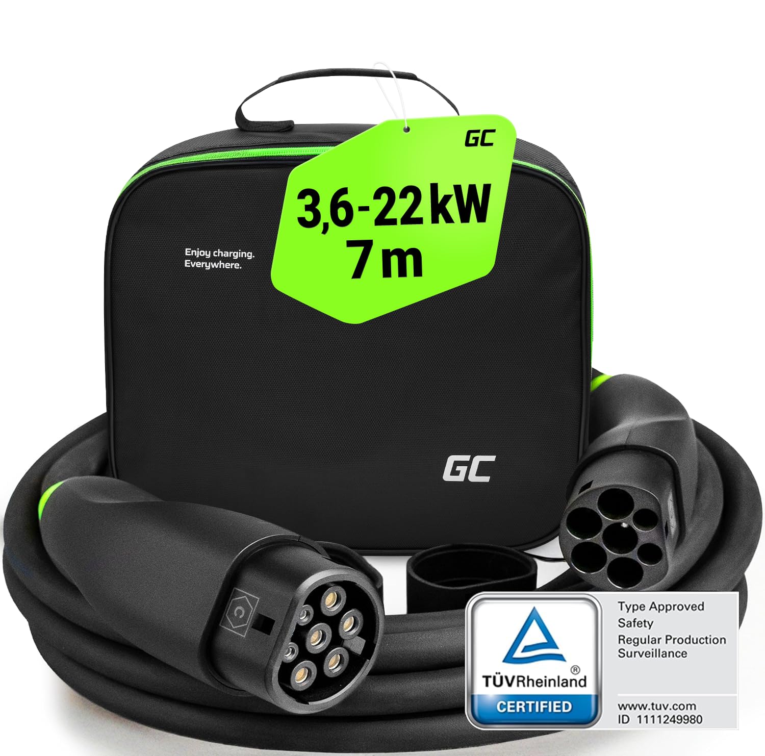 Green Cell® GC Type 2 Kabel do ładowania samochodów elektrycznych EV PHEV | 7.2kW | 32A | Typ 2 do Typ 2 | 7 Metrów | 1-Fazowy | Kompatybilny z e-Golf, e-208, Leaf, UX 300e, 500e, I-Pace, CITIGOe iV