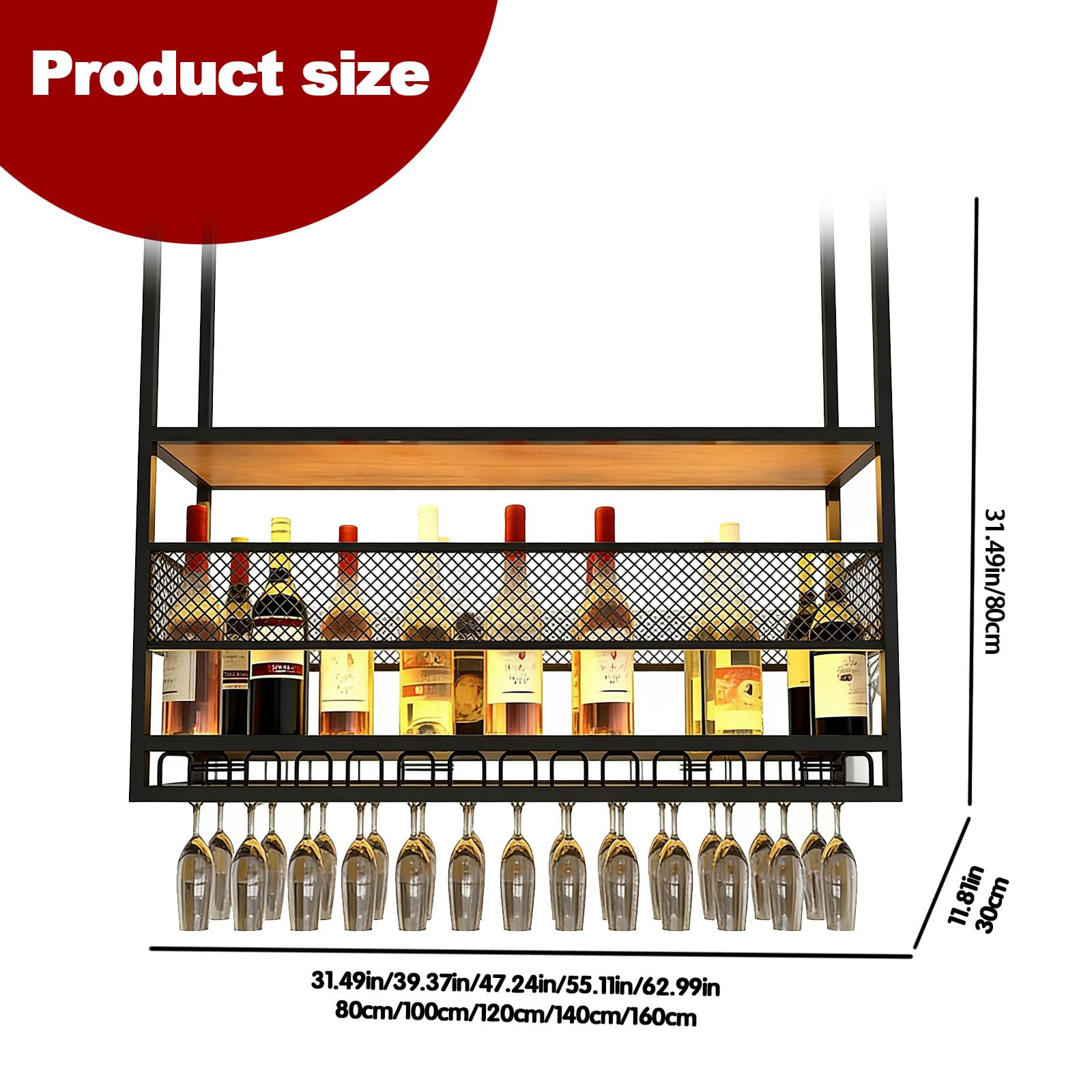 Deckenregal Weinregal, Hängendes Weinglasregal aus Metall, 2-stufiges Bar-Display Weinlagerhalter, für Bar Restaurant Cafe Küche (Schwarz, 120cm)