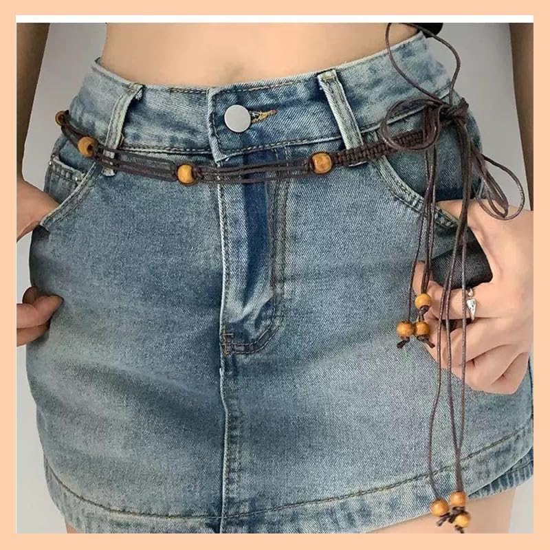 Kefley Beaded Rope Belt for Women Thin Woven Braided Waist Belts for Dress Bohemian Tie Belt Waistband Brown Beige - Image 5