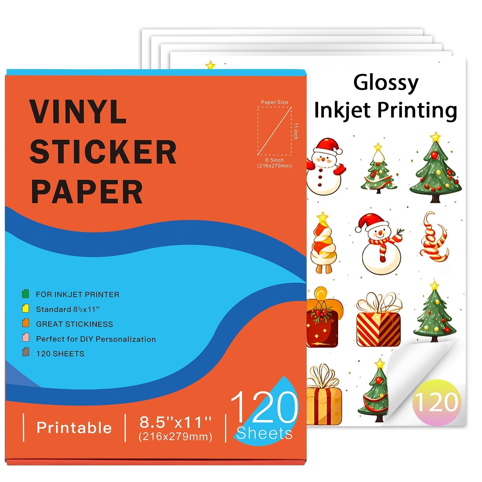 Ruibytree 120 hojas de papel autoadhesivo de vinilo blanco brillante de 8.5 x 11 pulgadas para impresoras de inyección de tinta y láser, impermeable, se seca rápidamente, se pela fácilmente y no se